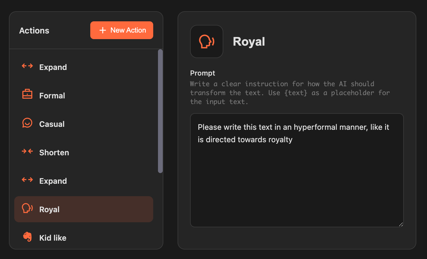 Custom action editor in PhraseKit preferences
