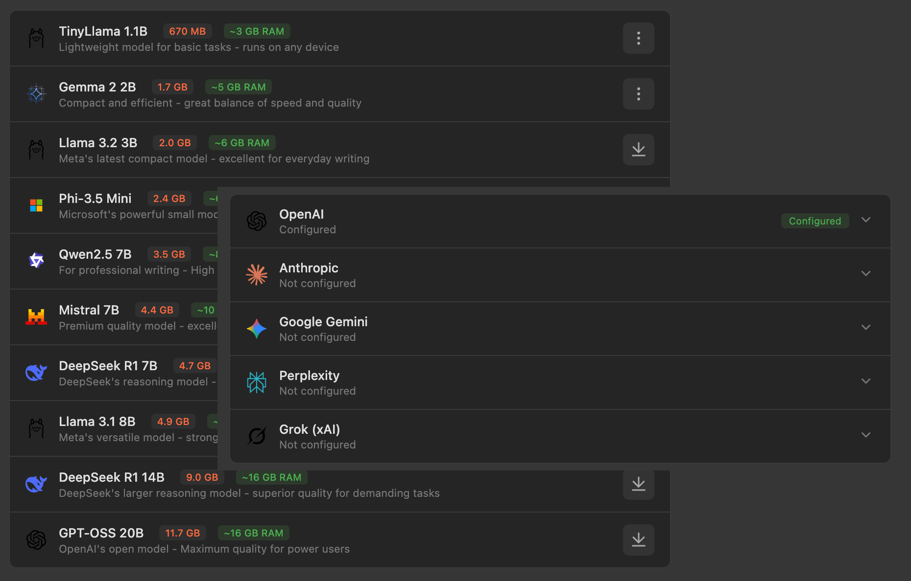 PhraseKit model selector showing local and cloud AI models